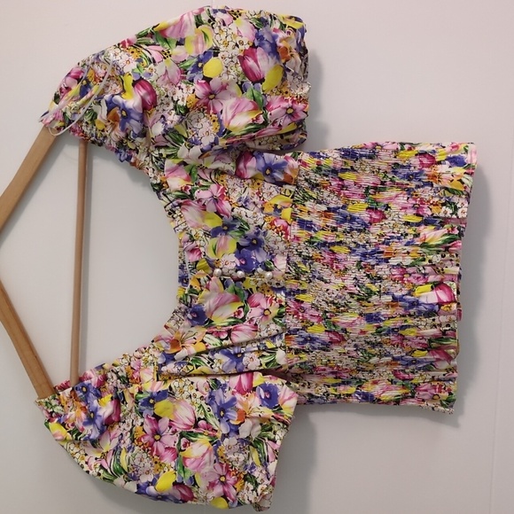 Zara Floral Puff Sleeve Multicolor Sweetheart Neckline Pearl Buttons FeminineTop - Picture 2 of 7